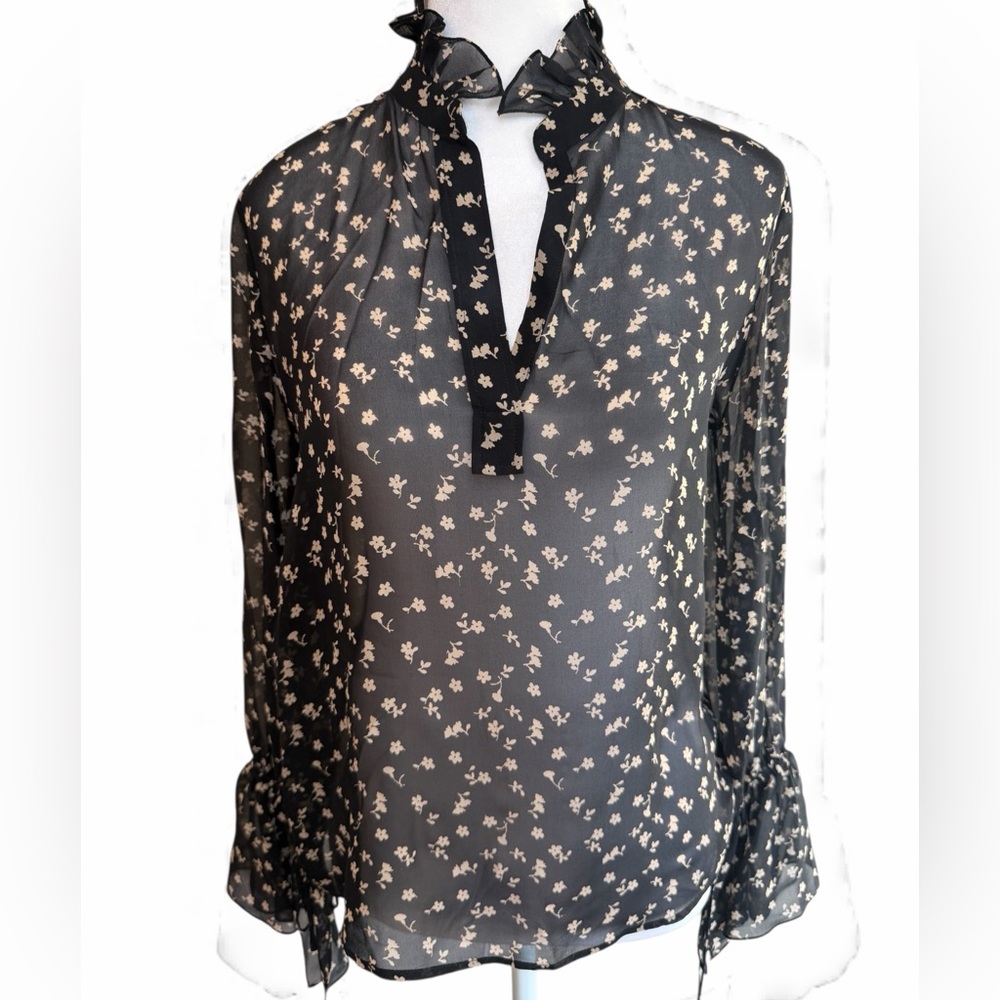 NILI LOTAN Women's Demi Black & White Floral Silk Top Size XS‎
